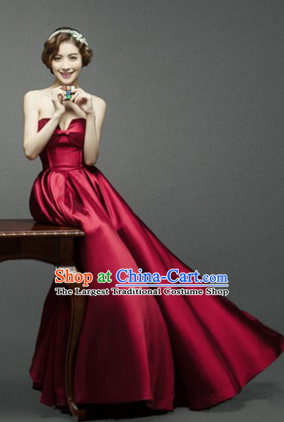 Top Grade Catwalks Costume Wine Red Satin Full Dress for Women