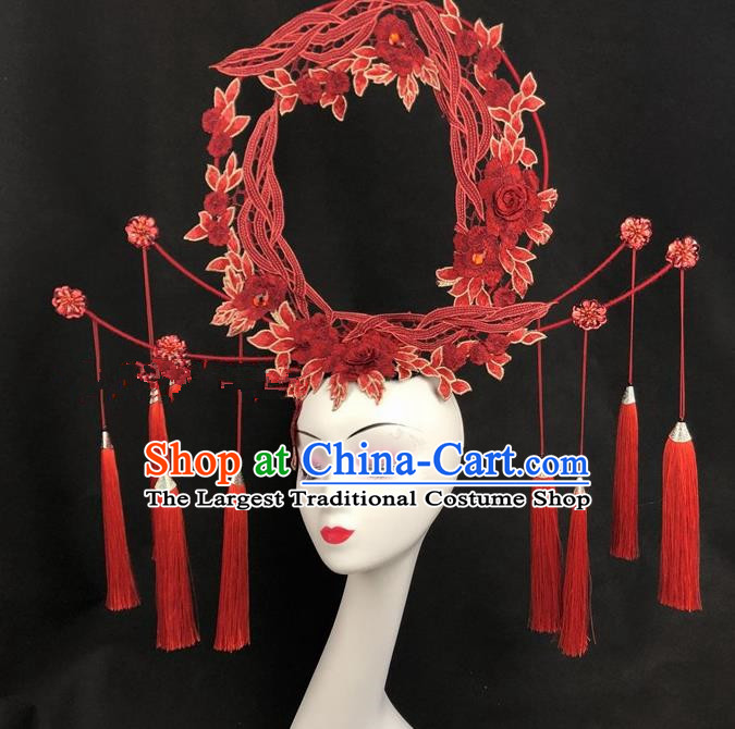 Chinese Traditional Exaggerated Headdress Ancient Catwalks Embroidered Red Peony Hair Accessories for Women