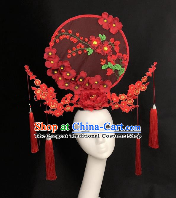 Chinese Traditional Exaggerated Headdress Catwalks Embroidered Red Flowers Hair Accessories for Women