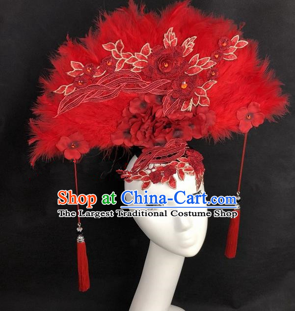 Chinese Traditional Exaggerated Headdress Catwalks Red Feather Hair Accessories for Women