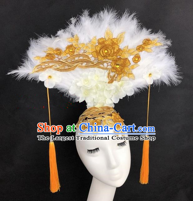 Chinese Traditional Exaggerated Headdress Catwalks White Feather Hair Accessories for Women