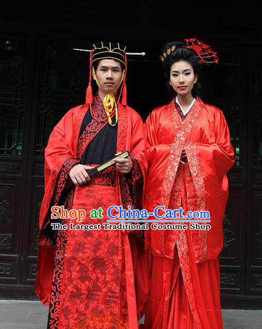 Chinese Ancient Wedding Costumes Traditional Han Dynasty Bride and Bridegroom Hanfu Clothing Complete Set