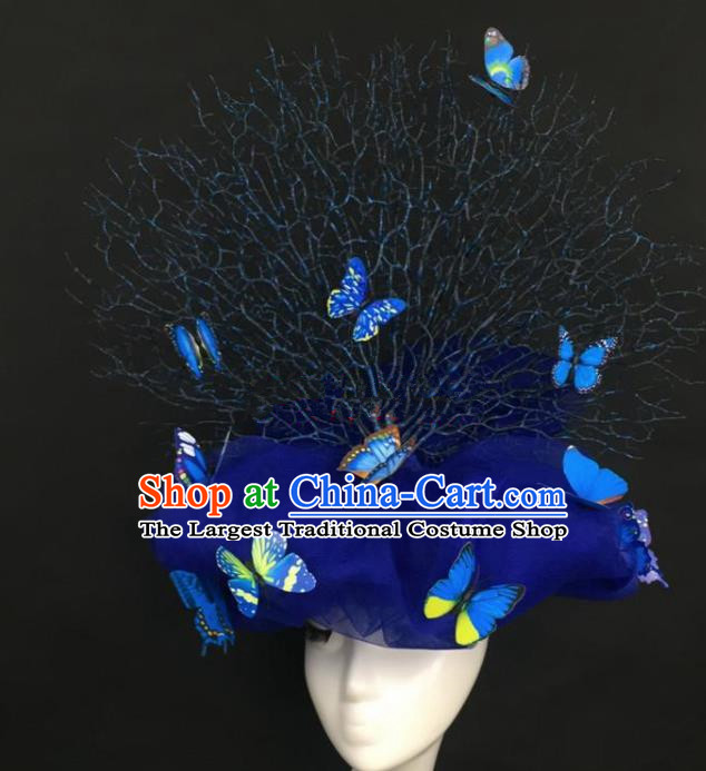 Top Grade Catwalks Hair Accessories Halloween Brazilian Carnival Blue Butterfly Veil Headdress for Women