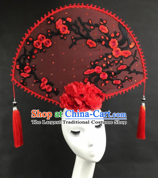 Chinese Traditional Catwalks Exaggerated Headdress Palace Red Wintersweet Hair Accessories for Women