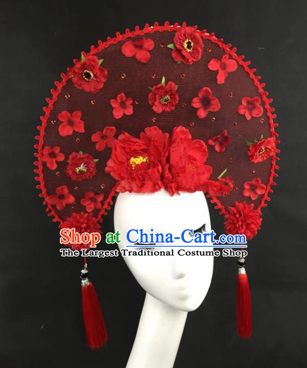 Chinese Traditional Catwalks Exaggerated Headdress Palace Red Peony Hair Accessories for Women