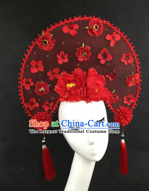 Chinese Traditional Catwalks Exaggerated Red Peony Headdress Palace Hair Accessories for Women