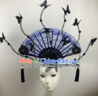 Chinese Traditional Catwalks Blue Lace Butterfly Headdress Palace Exaggerated Hair Accessories for Women