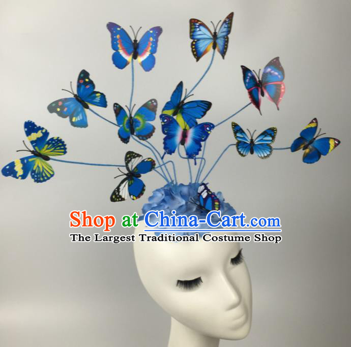 Top Grade Halloween Catwalks Headdress Brazilian Carnival Blue Butterfly Hair Accessories for Women