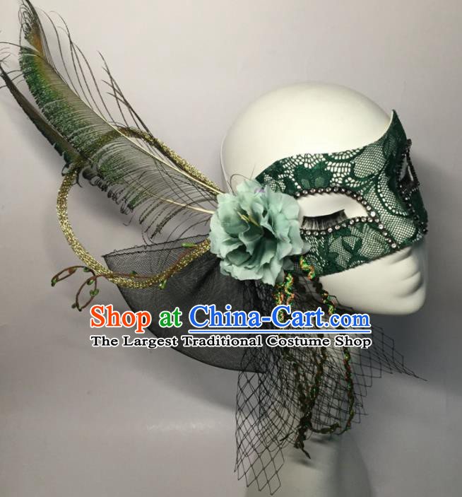 Halloween Exaggerated Accessories Catwalks Green Lace Feather Masks for Women