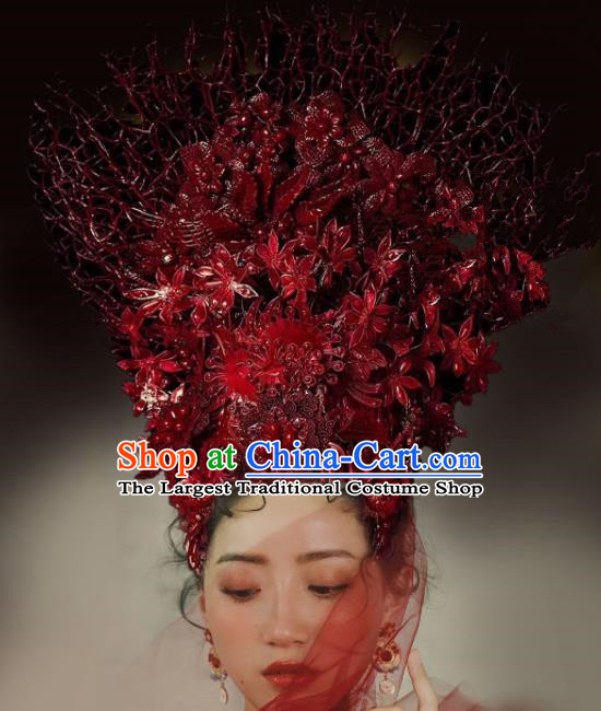 Top Grade Halloween Catwalks Hair Accessories Headdress Palace Red Leaf Hat for Women