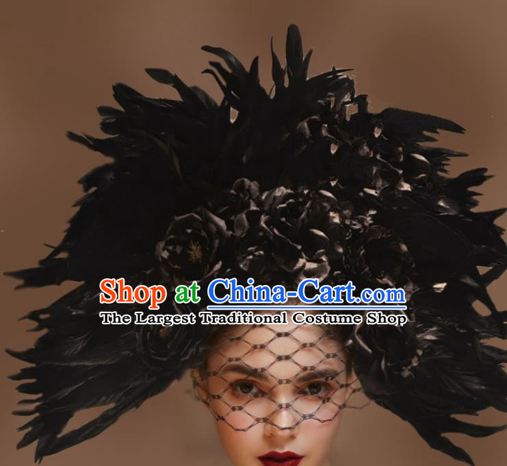 Top Grade Halloween Catwalks Hair Accessories Headdress Palace Black Feather Hat for Women