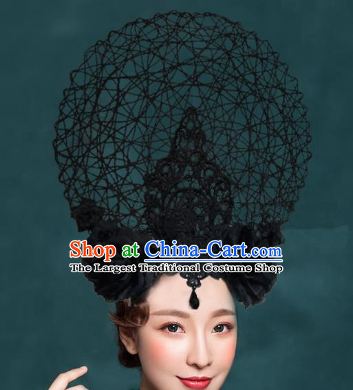 Top Grade Halloween Catwalks Hair Accessories Headdress Baroque Black Peony Hat for Women