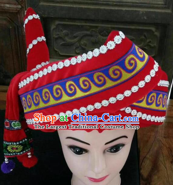 Chinese Traditional National Hat Ethnic Yi Nationality Red Hat for Men