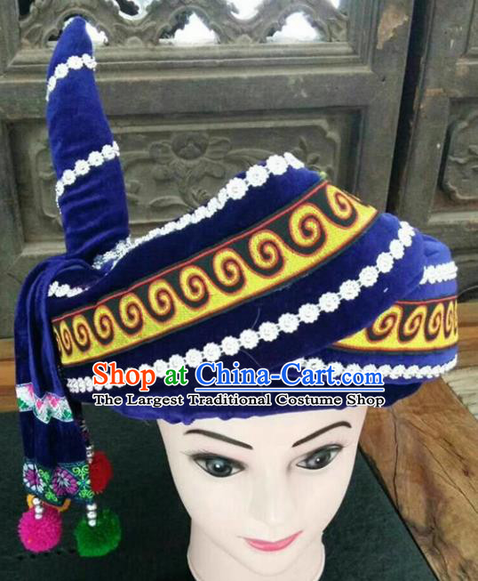 Chinese Traditional National Hat Ethnic Yi Nationality Royalblue Hat for Men