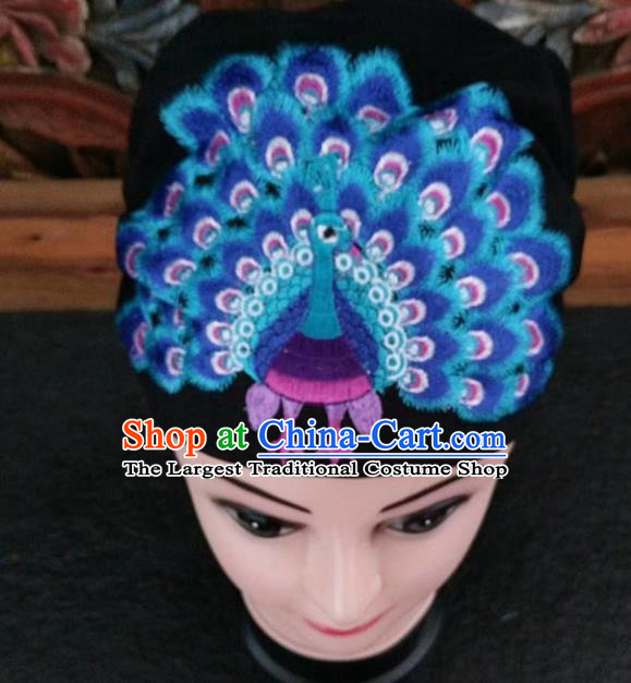 Chinese Traditional National Hat Ethnic Yi Nationality Embroidered Blue Peacock Kerchief for Women