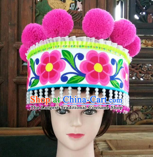 Chinese Traditional National Hat Ethnic Yi Nationality Embroidered Flowers White Hat for Women