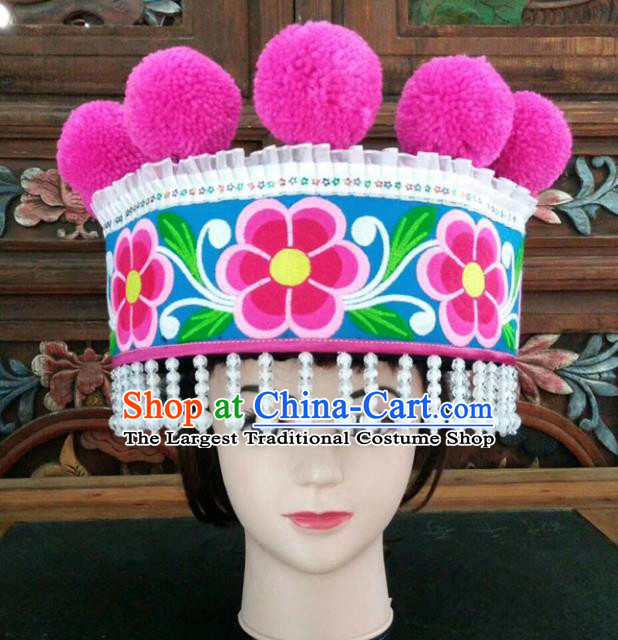 Chinese Traditional National Hat Ethnic Yi Nationality Embroidered Flowers Blue Hat for Women