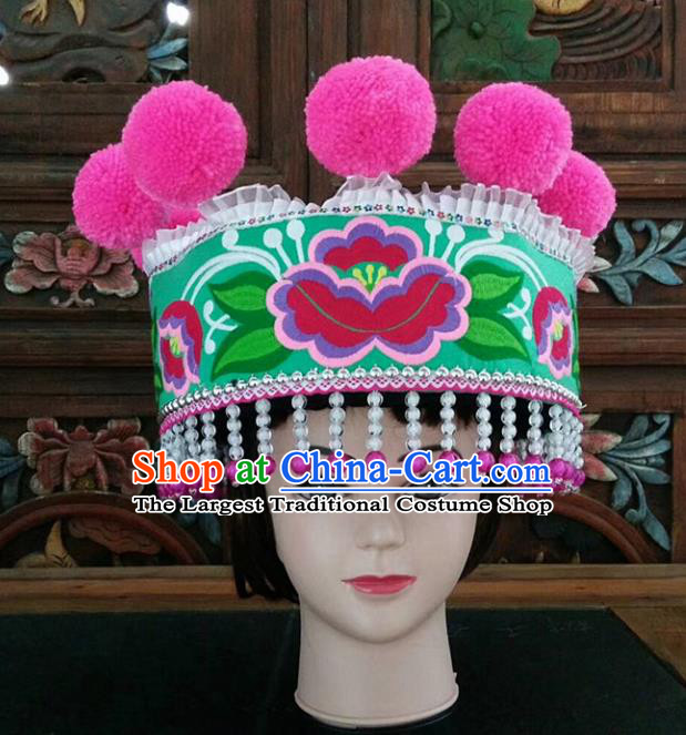 Chinese Traditional National Hat Ethnic Yi Nationality Embroidered Flowers Green Hat for Women