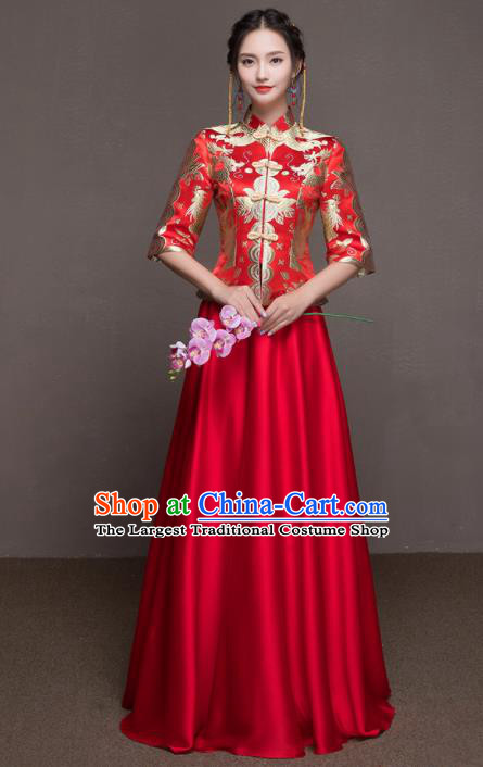 Chinese Traditional Embroidered Wedding Costumes Ancient Bride Red Silk Dress for Women