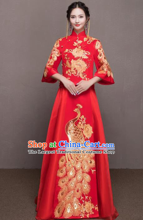 Chinese Traditional Wedding Costumes Ancient Bride Embroidered Peacock Red Xiuhe Suits for Women