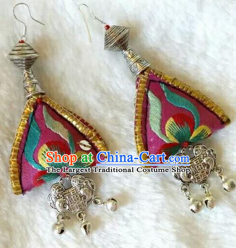 Chinese Traditional National Ear Accessories Ethnic Embroidered Pink Earrings for Women