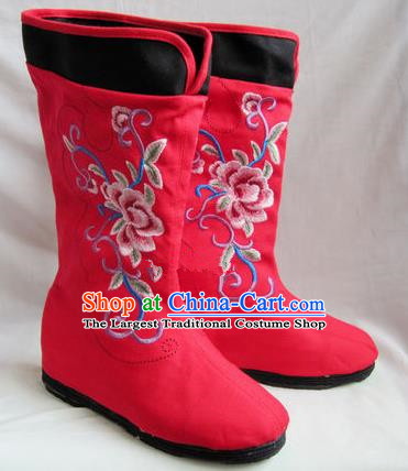 Asian Chinese Traditional Hanfu Shoes Ethnic Handmade Embroidered Red Boots for Women