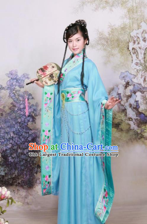 Chinese Ancient Peri Goddess Embroidered Costumes Tang Dynasty Palace Princess Blue Hanfu Dress for Women