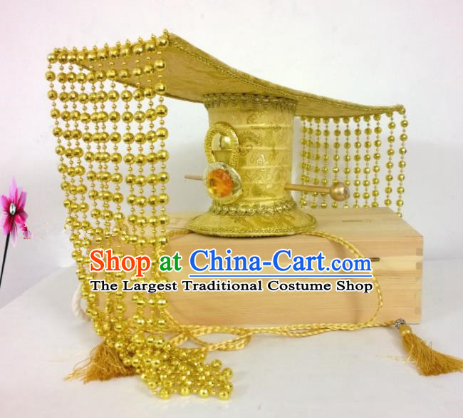 Chinese Traditional Hanfu Headdress Ancient Qin Dynasty Emperor Golden Hat for Men