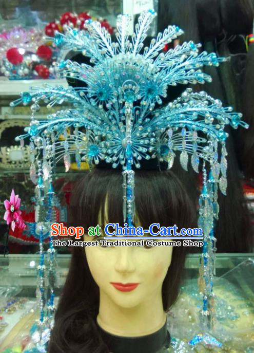 Chinese Classical Hair Accessories Traditional Ancient Beijing Opera Blue Phoenix Coronet for Women