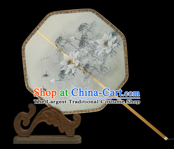 Traditional Chinese Crafts Palace Fans Printing White Lotus Fans Ancient Silk Fan for Women