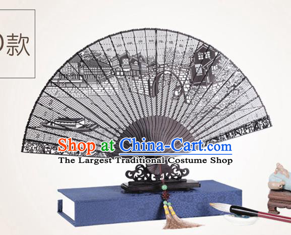 Chinese Traditional Crafts Sandalwood Folding Fans Pierced Jiangnan Watertown Fans Accordion Fan