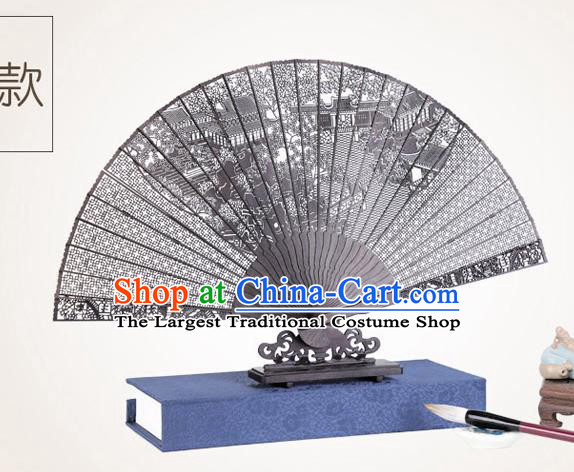 Chinese Traditional Crafts Sandalwood Folding Fans Pierced Zhuozheng Garden Fans Accordion Fan