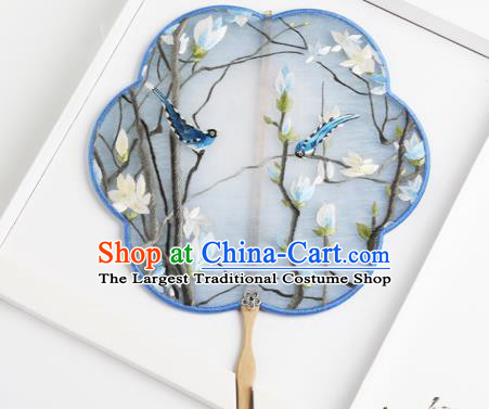 Traditional Chinese Crafts Palace Fans Blue Round Fans Ancient Princess Embroidered Magnolia Fan for Women