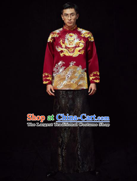 Chinese Traditional Wedding Costumes Ancient Bridegroom Wine Red Long Gown for Men