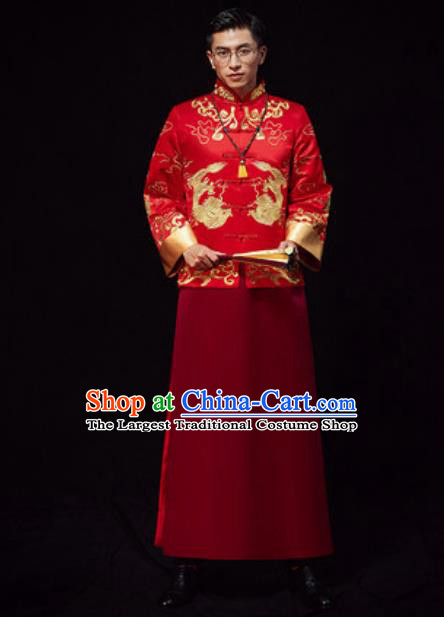 Chinese Traditional Wedding Red Costumes Ancient Bridegroom Toast Clothing for Men