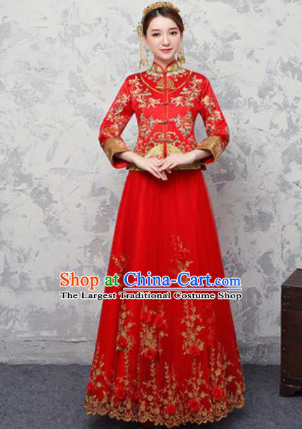 Traditional Chinese Wedding Costumes Ancient Bride Embroidered Peony Red Dress for Women