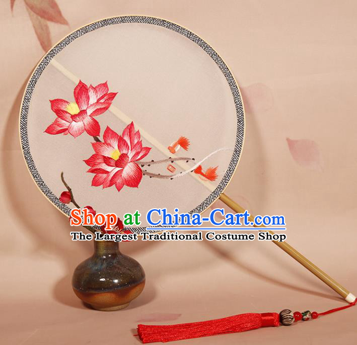 Chinese Ancient Princess Round Fan Traditional Embroidered Lotus Palace Fans Hanfu Silk Fans for Women