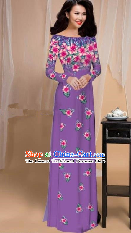 Asian Vietnam Traditional Printing Flowers Purple Cheongsam Vietnamese Classical Ao Dai Qipao Dress for Women