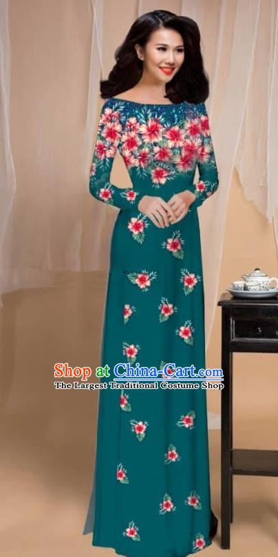 Asian Vietnam Traditional Printing Flowers Atrovirens Cheongsam Vietnamese Classical Ao Dai Qipao Dress for Women