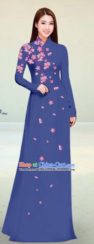 Asian Vietnam Traditional Navy Cheongsam Vietnamese Classical Ao Dai Qipao Dress for Women