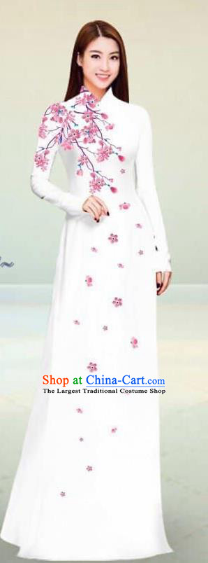 Asian Vietnam Traditional White Cheongsam Vietnamese Classical Ao Dai Qipao Dress for Women