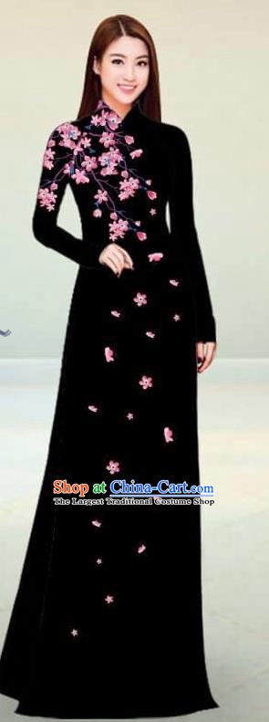 Asian Vietnam Traditional Black Cheongsam Vietnamese Classical Ao Dai Qipao Dress for Women