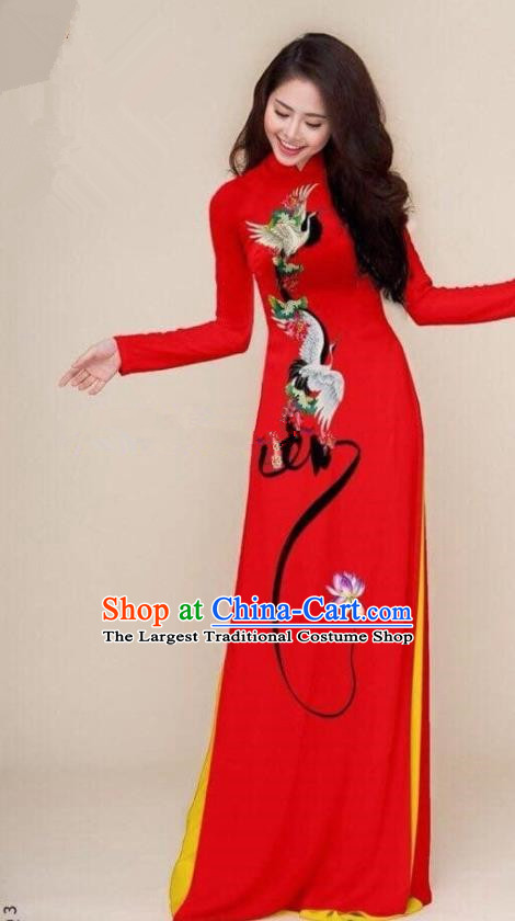 Asian Vietnam Traditional Printing Cranes Red Cheongsam Vietnamese Classical Ao Dai Qipao Dress for Women