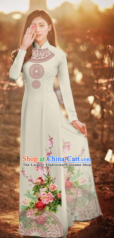 Asian Vietnam Traditional Printing Peony Light Green Cheongsam Vietnamese Classical Ao Dai Qipao Dress for Women