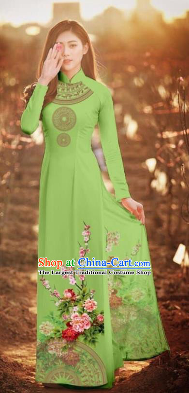 Asian Vietnam Traditional Printing Peony Green Cheongsam Vietnamese Classical Ao Dai Qipao Dress for Women