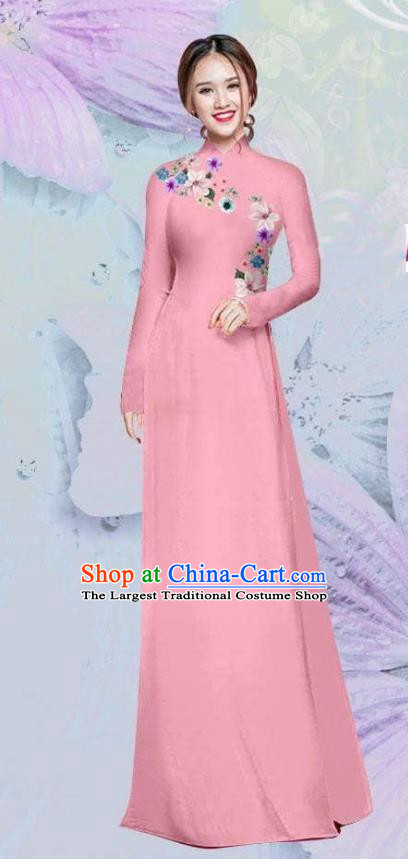 Asian Vietnam Traditional Cheongsam Vietnamese Classical Pink Ao Dai Qipao Dress for Women