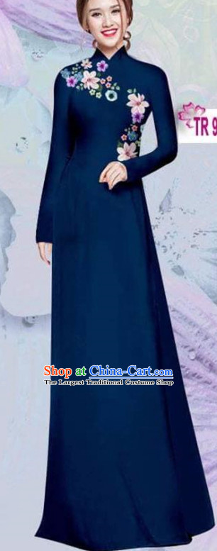 Asian Vietnam Traditional Cheongsam Vietnamese Classical Navy Ao Dai Qipao Dress for Women