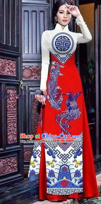 Asian Vietnam Traditional Printing Phoenix Red Cheongsam Vietnamese Ao Dai Qipao Dress for Women