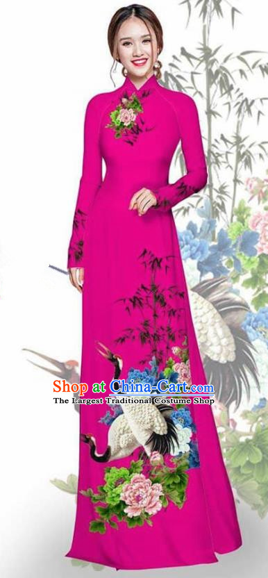 Asian Vietnam Traditional Printing Crane Peony Rosy Cheongsam Vietnamese Ao Dai Qipao Dress for Women