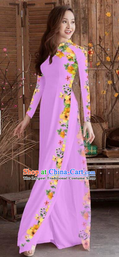 Asian Vietnam Traditional Printing Cheongsam Vietnamese Lilac Ao Dai Qipao Dress for Women